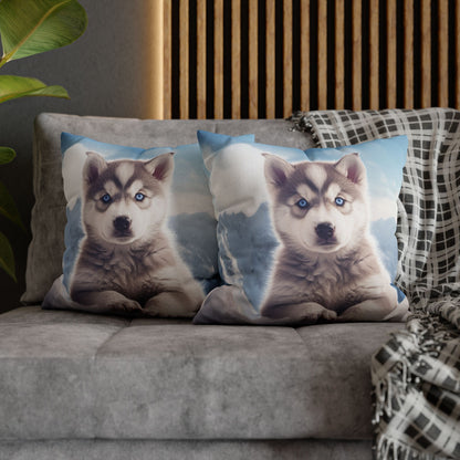 Husky Puppy Winter Wonder - Snowy Mountain Backdrop Spun Polyester Square Pillow Case