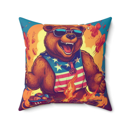 Grill Like a Patriot: Celebrate 4th of July with Patriotic Bear's Culinary Chef Spun Polyester Square Pillow