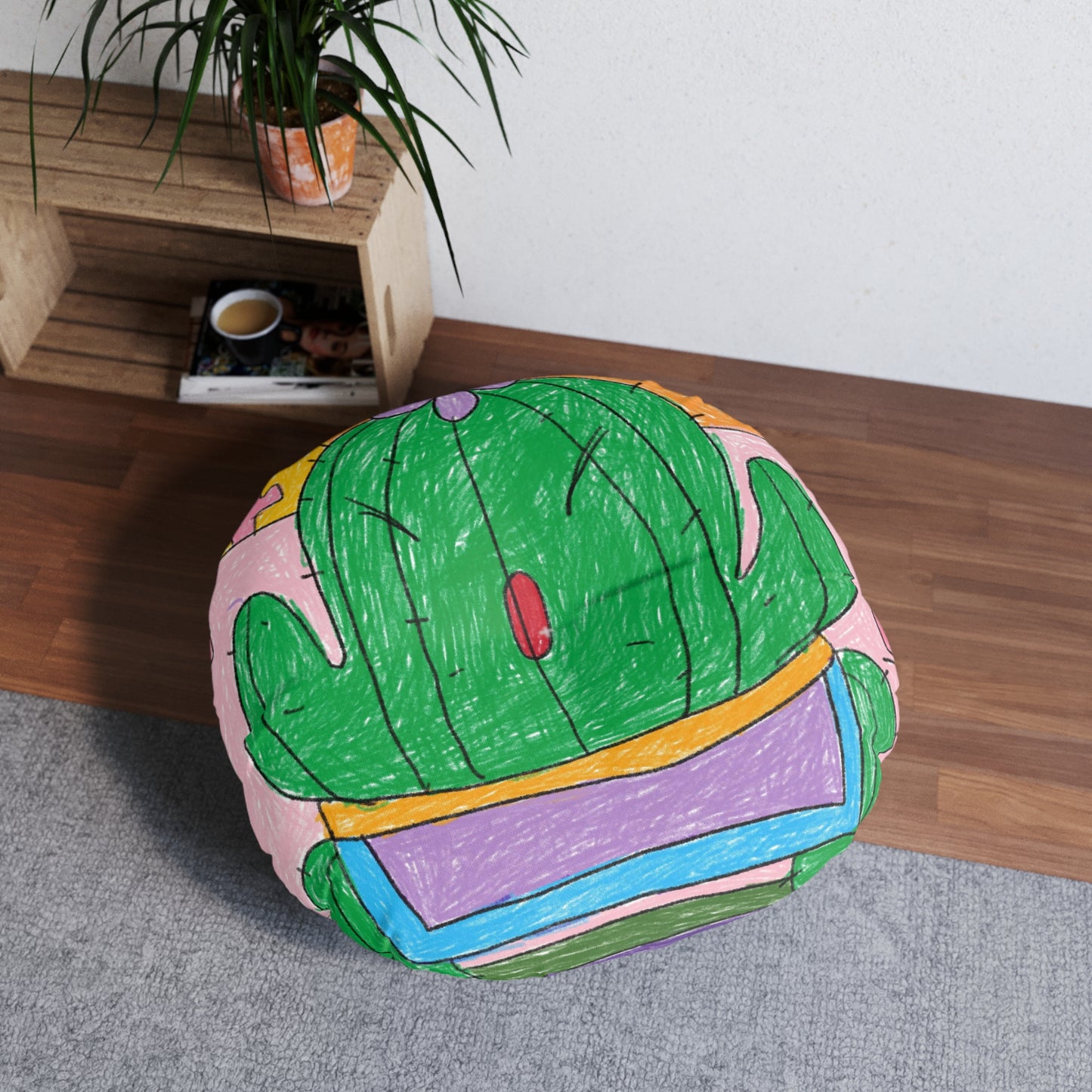 Desert Cactus Sumo Wrestler Graphic Tufted Floor Pillow, Round