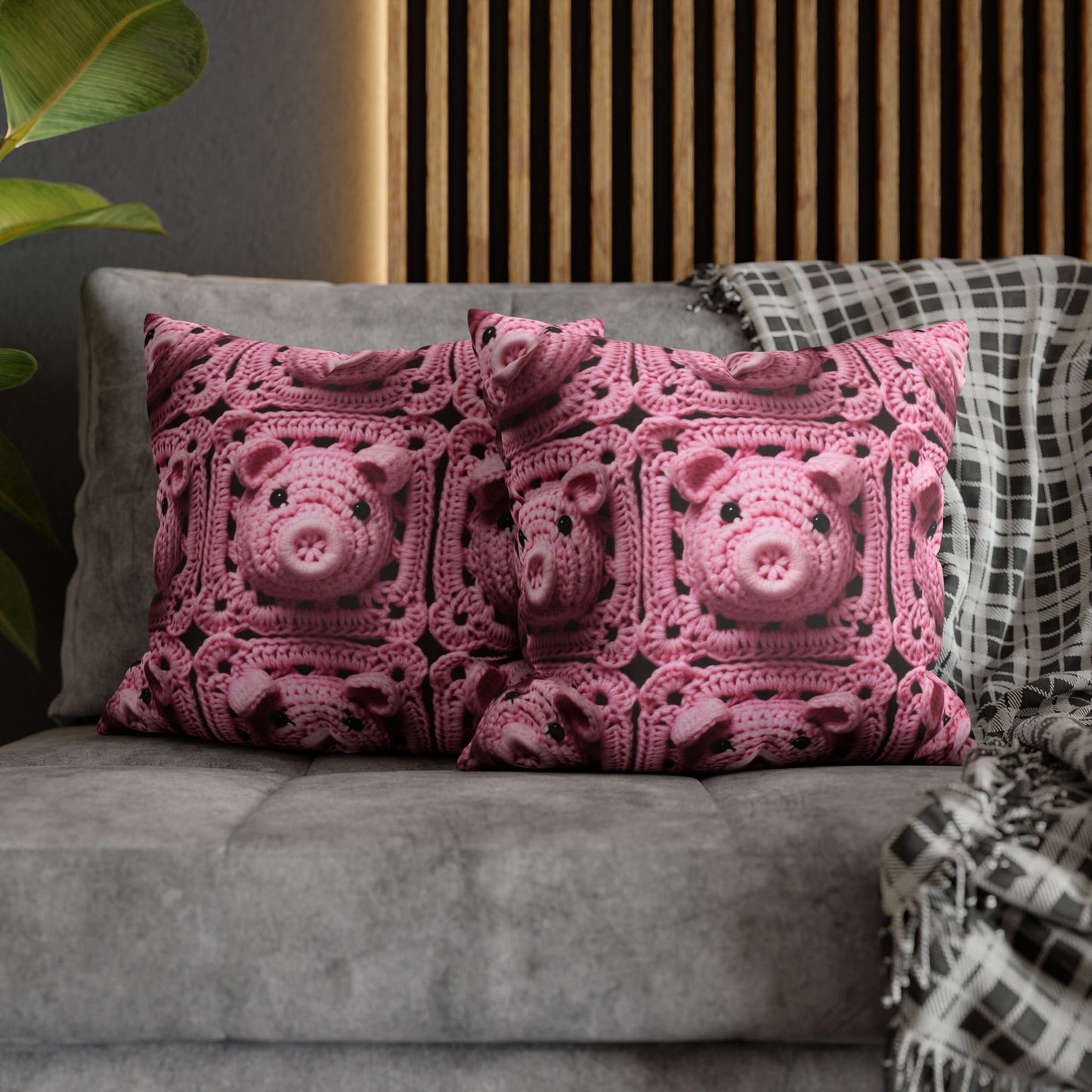 Crochet Pig Farm Animal Pink Snout Piggy Pattern - Spun Polyester Square Pillow Case