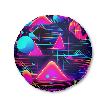 80s Synthwave Retro-Futuristic Inspired Pattern Design Tufted Floor Pillow, Round