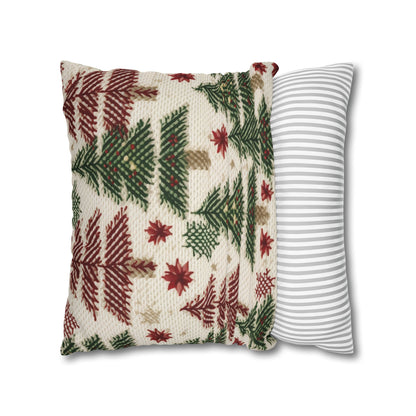 Embroidered Christmas Winter, Festive Holiday Stitching, Classic Seasonal Design - Spun Polyester Square Pillow Case