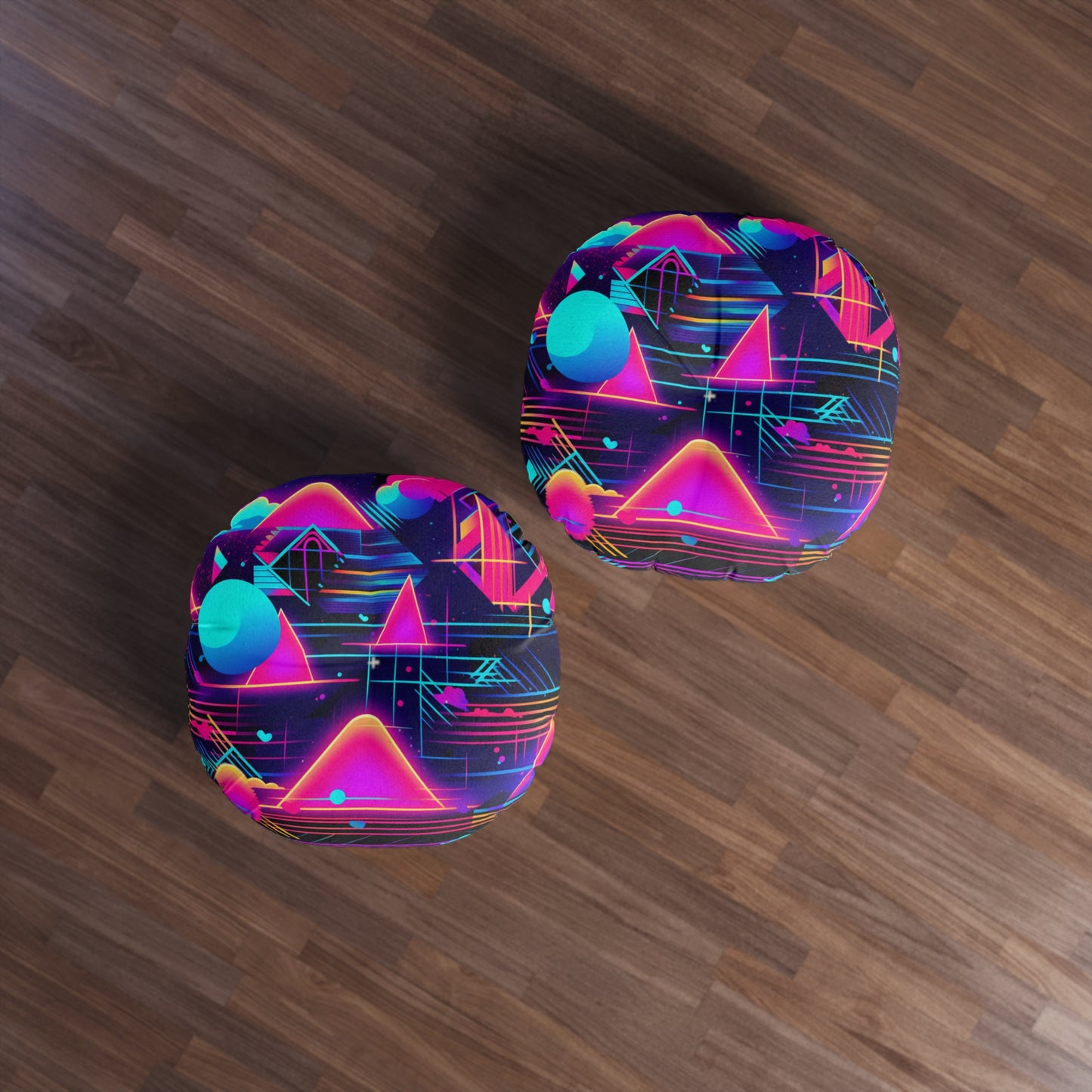 80s Synthwave Retro-Futuristic Inspired Pattern Design Tufted Floor Pillow, Round