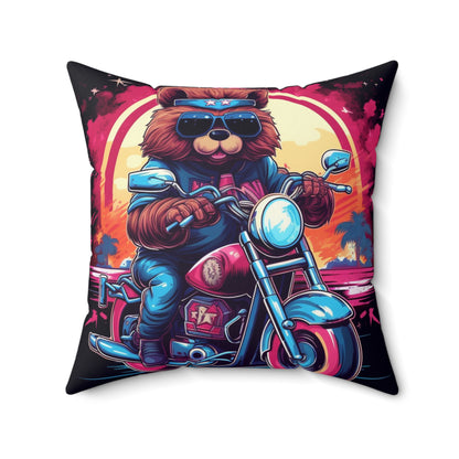 Motorcycle Bear Rider Adventure Graphic Spun Polyester Square Pillow