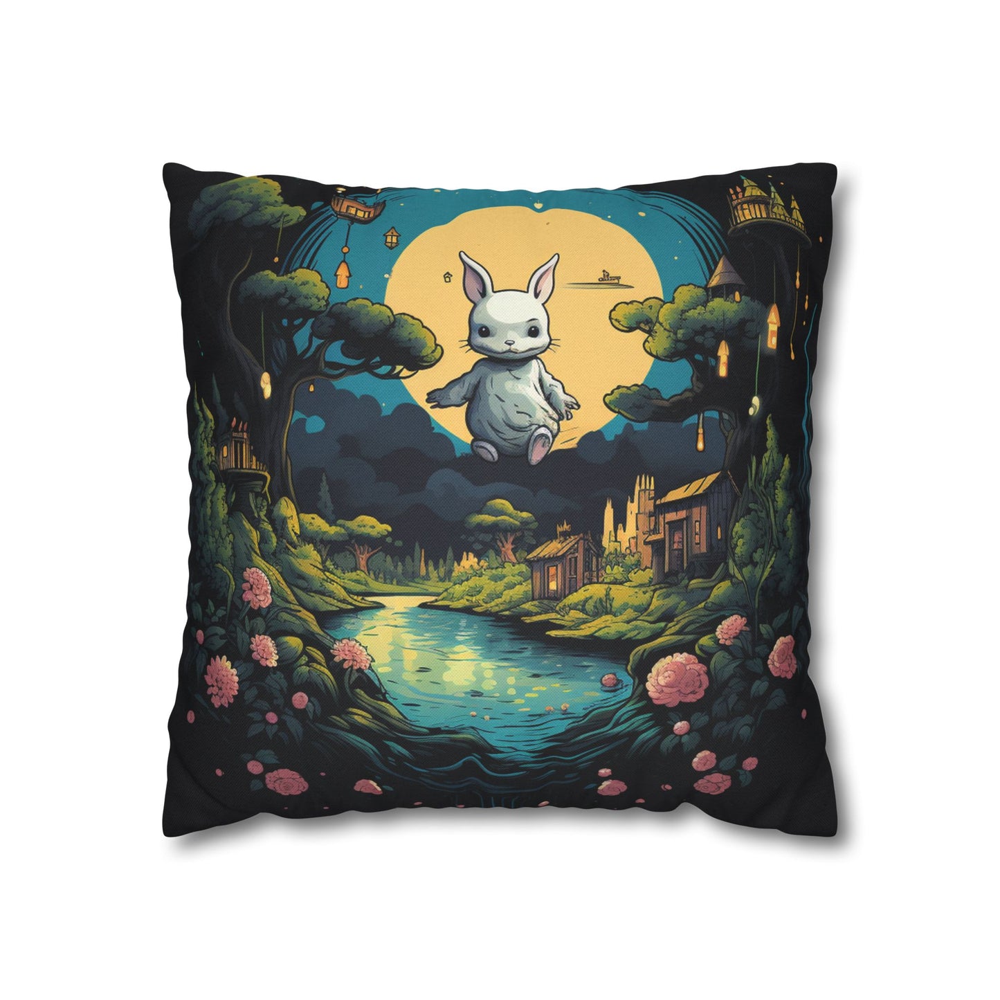 White Rabbit Mystery Psychedelic Fantasy Anime Cartoon Bunny - Spun Polyester Square Pillow Case