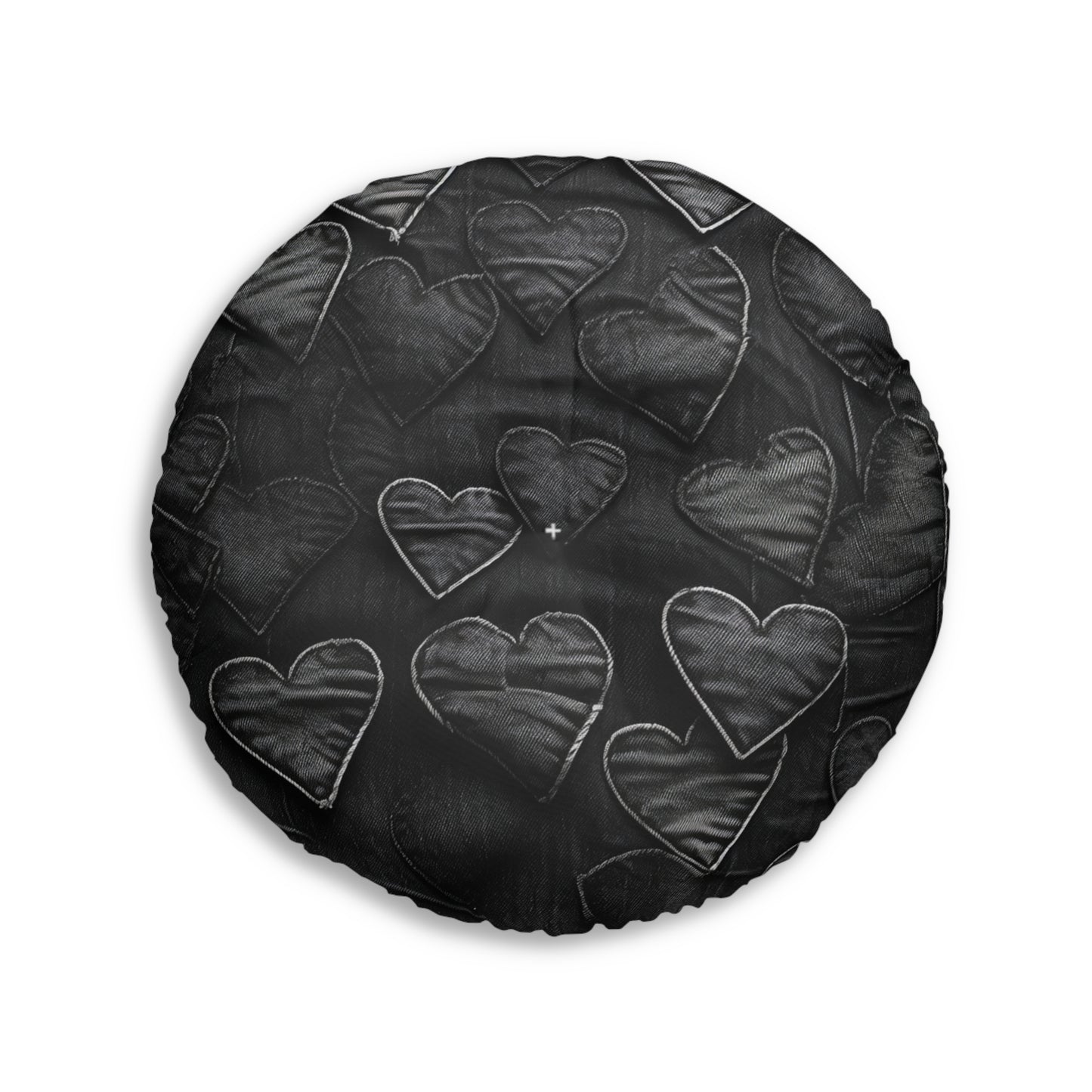 Black: Distressed Denim-Inspired Fabric Heart Embroidery Design - Tufted Floor Pillow, Round