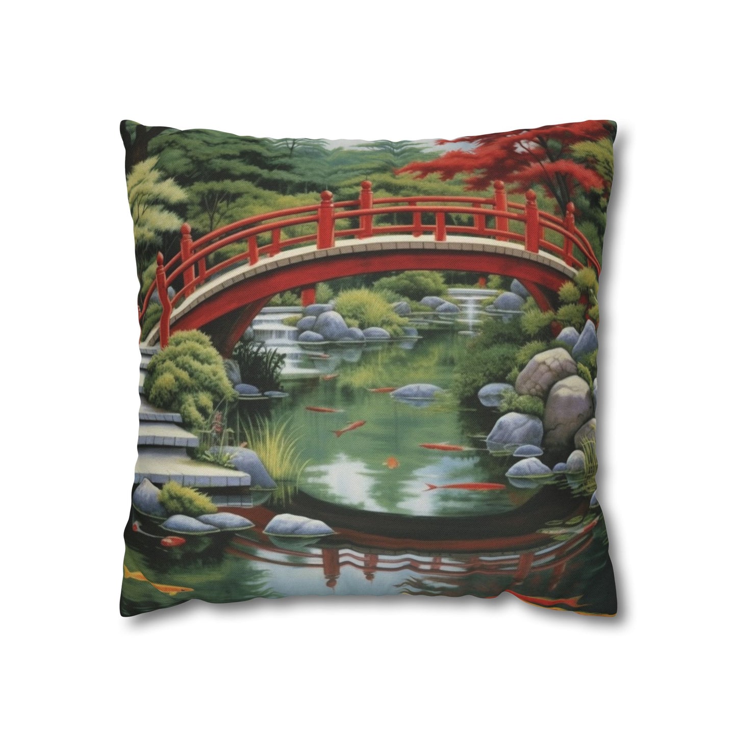 Japanese Garden Art - Tranquil Koi Pond Red Bridge Spun Polyester Square Pillow Case