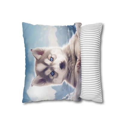 Husky Puppy Winter Wonder - Snowy Mountain Backdrop Spun Polyester Square Pillow Case