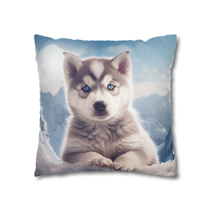 Husky Puppy Winter Wonder - Snowy Mountain Backdrop Spun Polyester Square Pillow Case