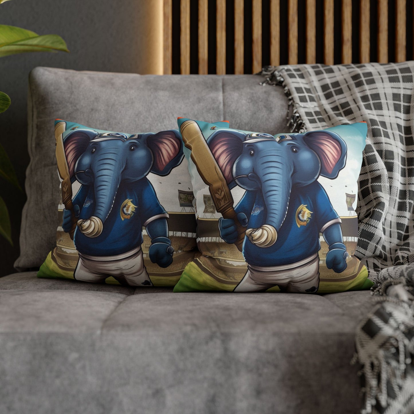 India Elephant Cricket Sport Star: Pitch, Run, Stump Game - Animated Charm - Spun Polyester Square Pillow Case