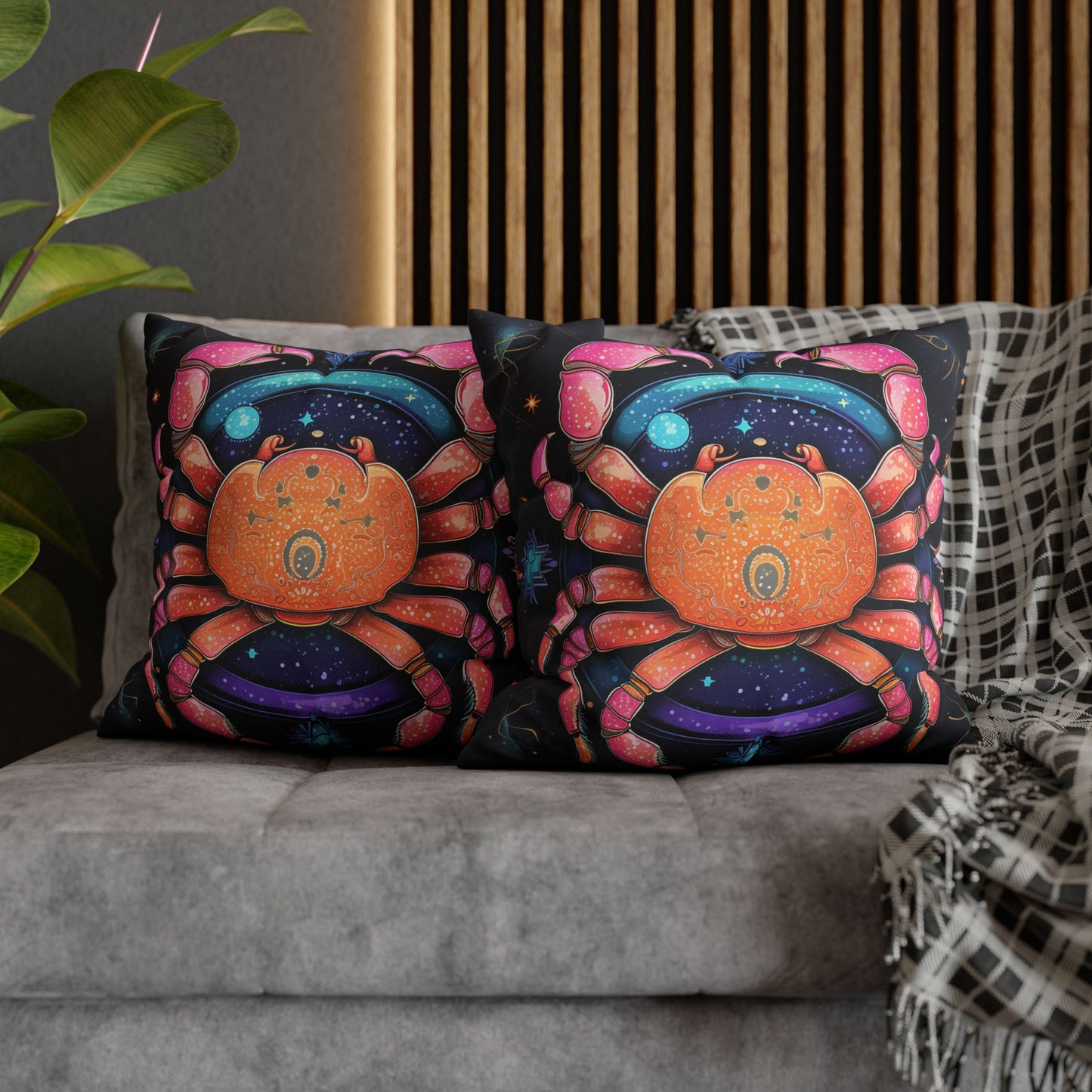 Rainbow Celestial Crab - Vibrant Cancer Zodiac Sign Art - Spun Polyester Square Pillow Case