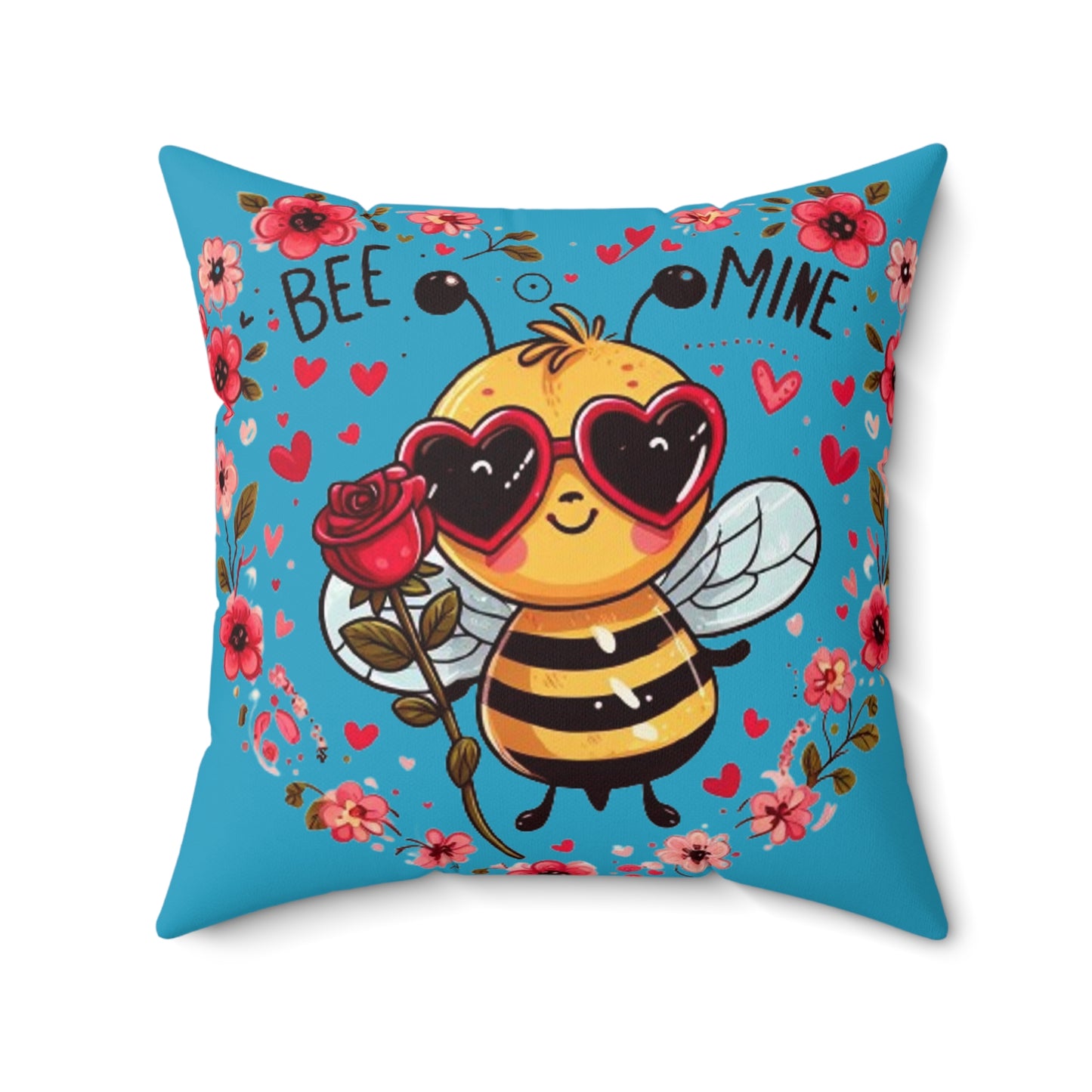 Whimsical Bee Love: Heartfelt Valentines Design with Floral Accents and Heart Sunglasses - Romantic - Spun Polyester Square Pillow