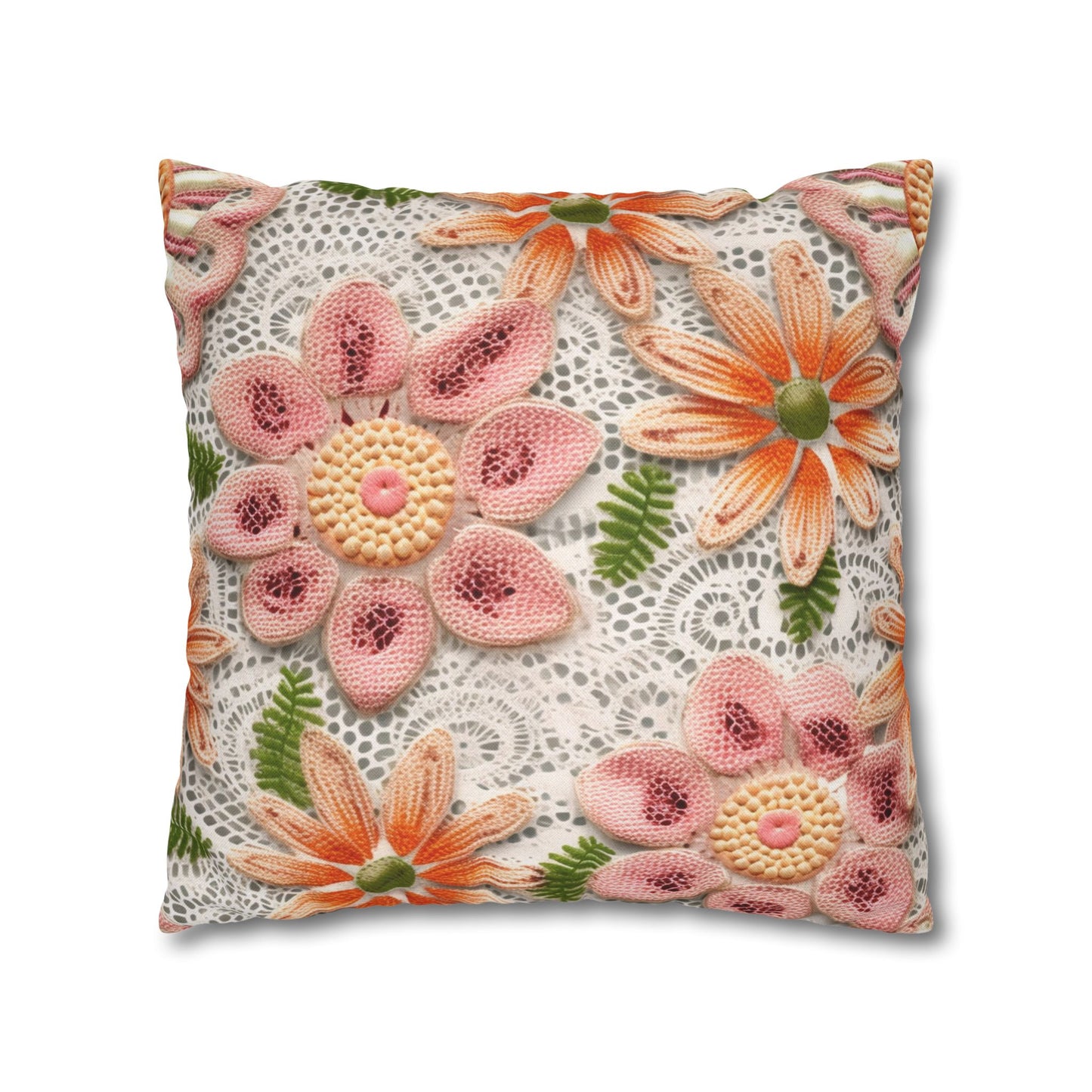 Floral Embroidered Eyelet: Delicate Flower Elegant Pattern - Spun Polyester Square Pillow Case