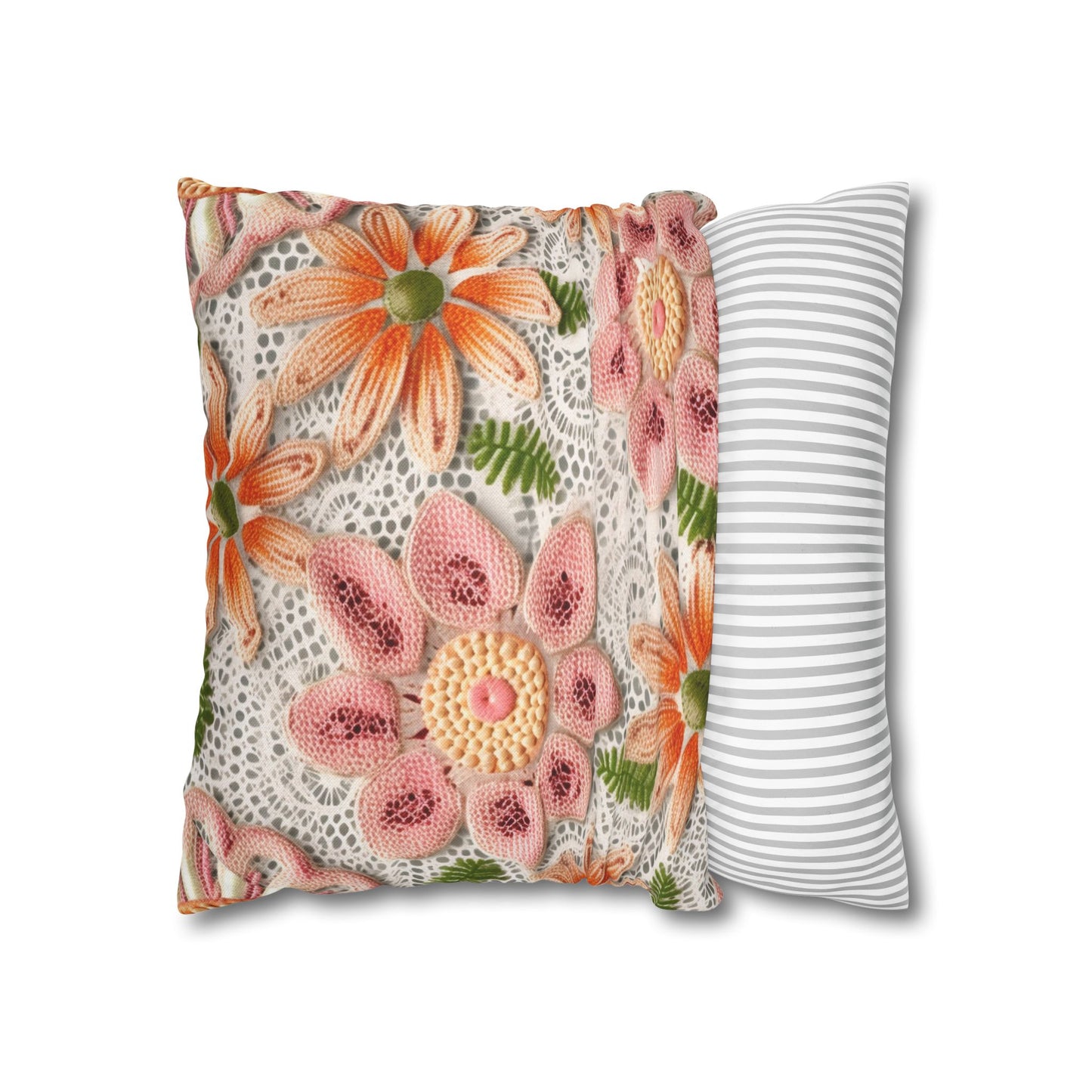 Floral Embroidered Eyelet: Delicate Flower Elegant Pattern - Spun Polyester Square Pillow Case