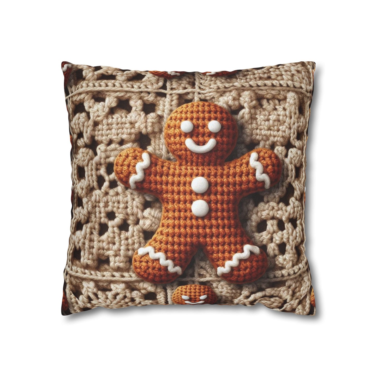 Rustic Gingerbread Delights: Christmas Crochet Gingerbread Men on Classic Beige Granny Squares - Spun Polyester Square Pillow Case