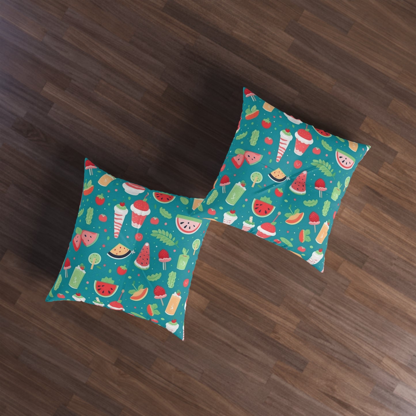 Quirky Summer Food Watermelon Ice Cream Cocktail Pattern Tufted Floor Pillow, Square