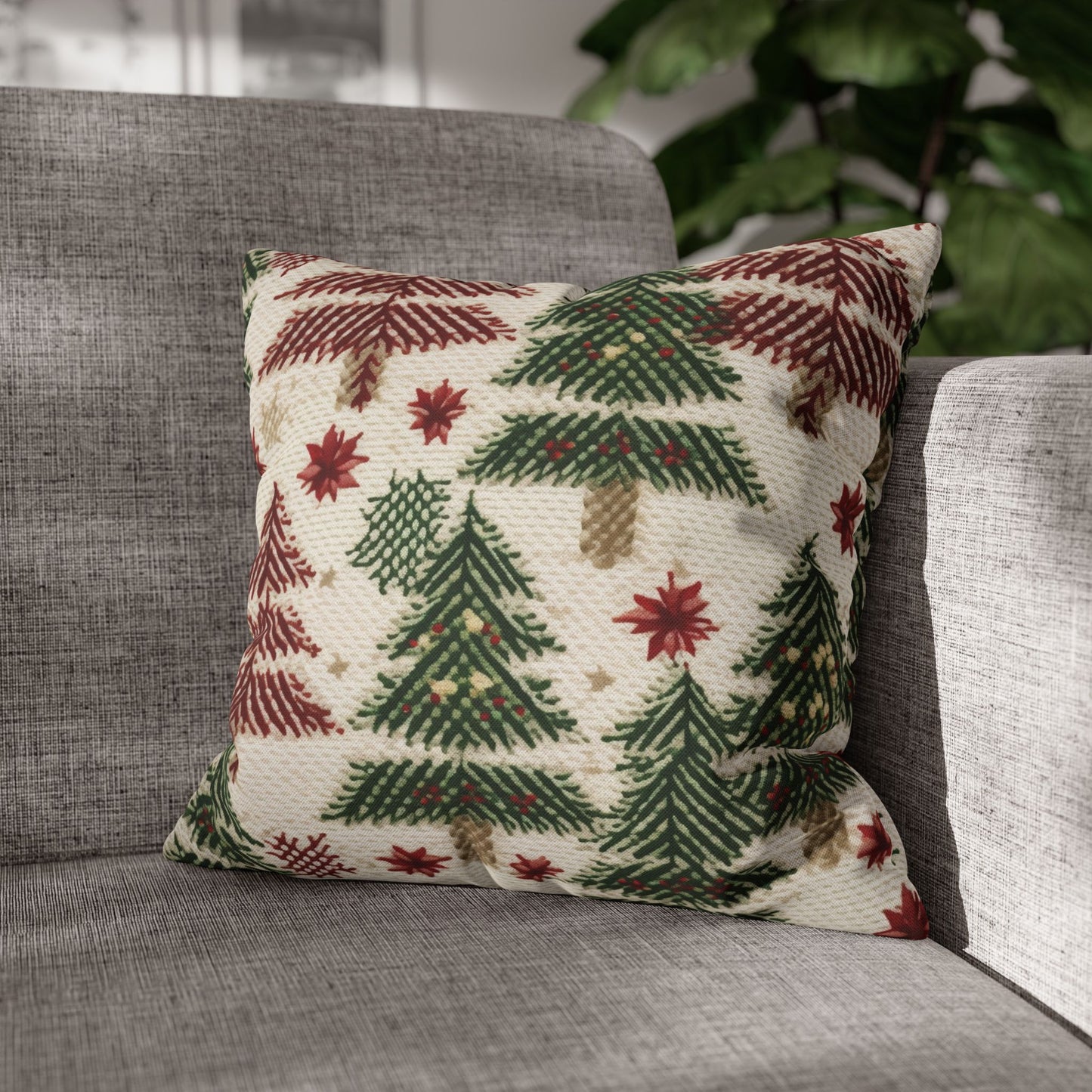 Embroidered Christmas Winter, Festive Holiday Stitching, Classic Seasonal Design - Spun Polyester Square Pillow Case