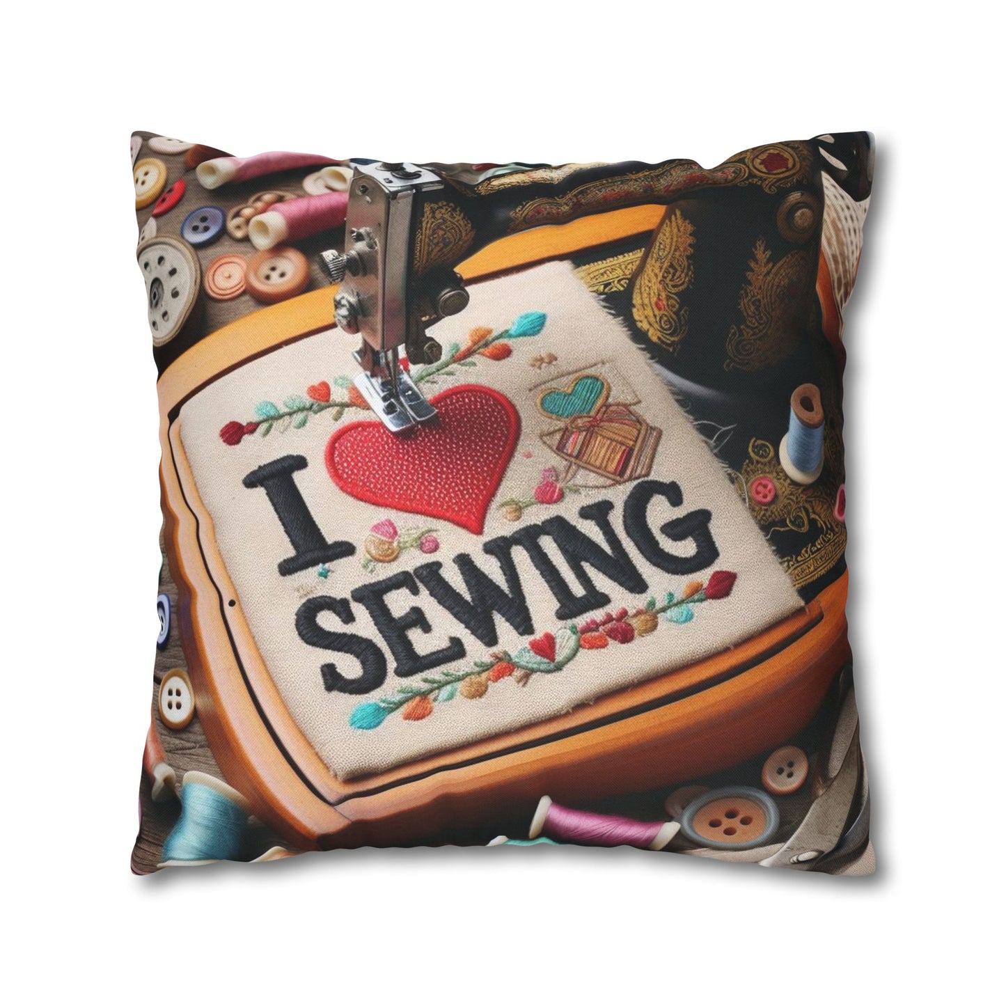 Sewing Machine, I Love Sewing Embroidery, Tailor Workshop - Spun Polyester Square Pillow Case