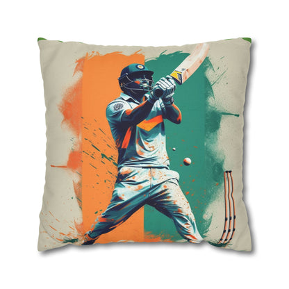 Cricket Batsman, Ball Strike, Indian Flag Color Background - Street Style - Spun Polyester Square Pillow Case