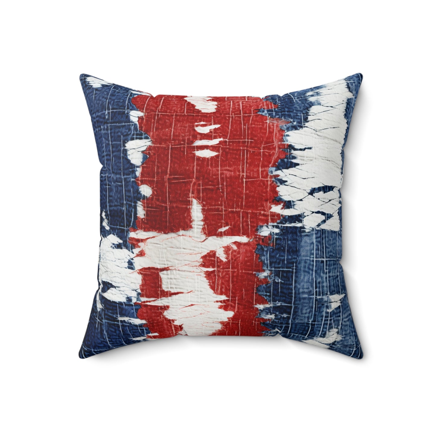 Patriotic Red, White & Blue: Distressed Denim-Style, Torn Fabric - Spun Polyester Square Pillow