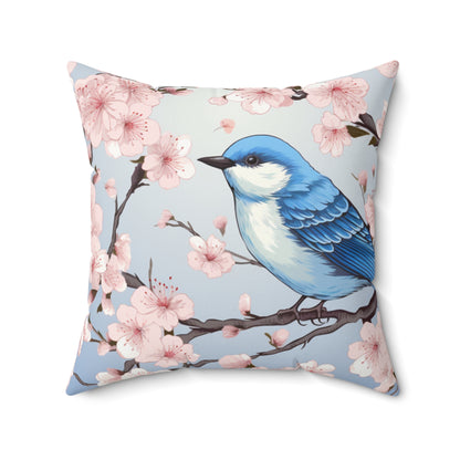 Cherry Blossom Tree Blue Bird Spun Polyester Square Pillow