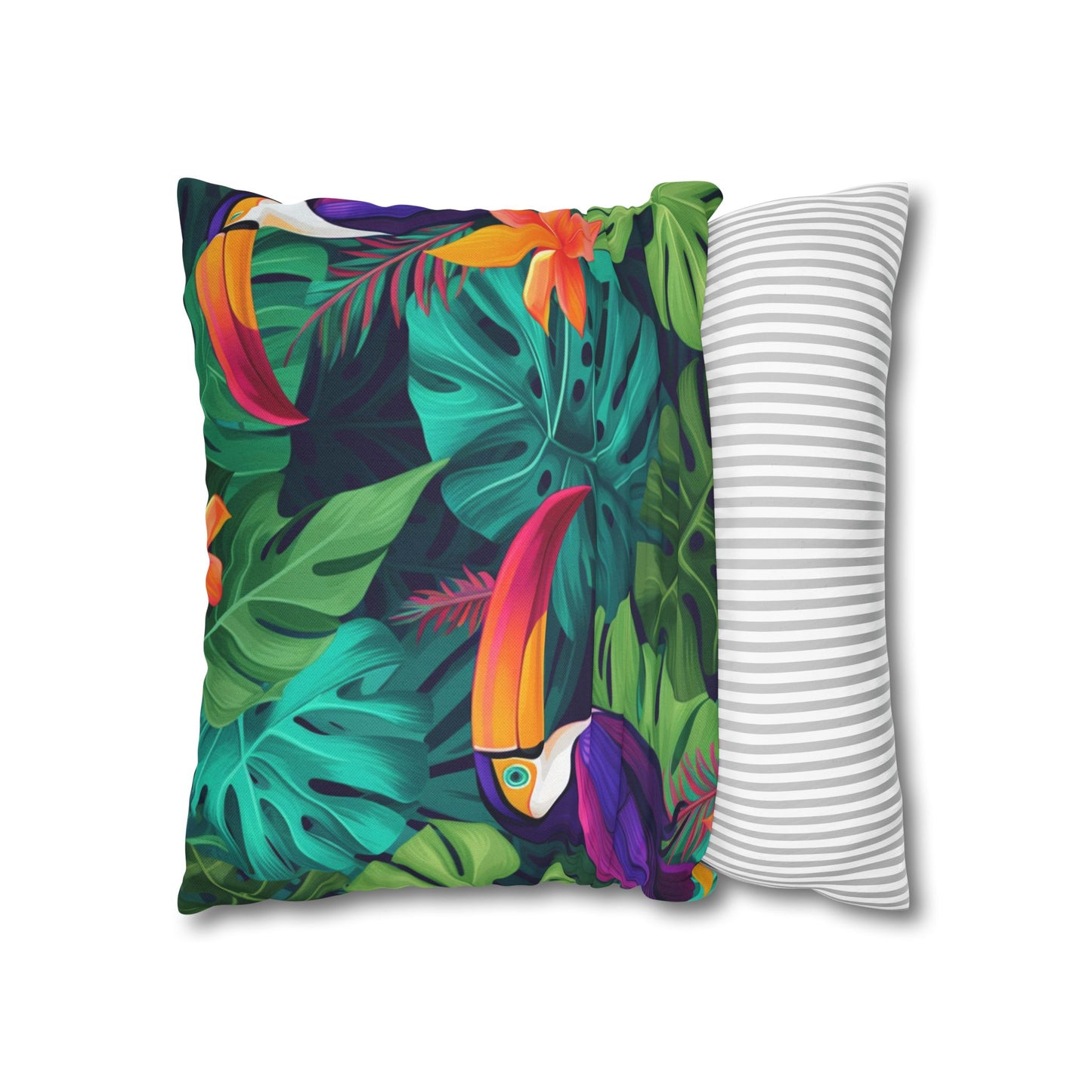 Vivid Tropical Birds & Leaves - Seamless Pattern Spun Polyester Square Pillow Case