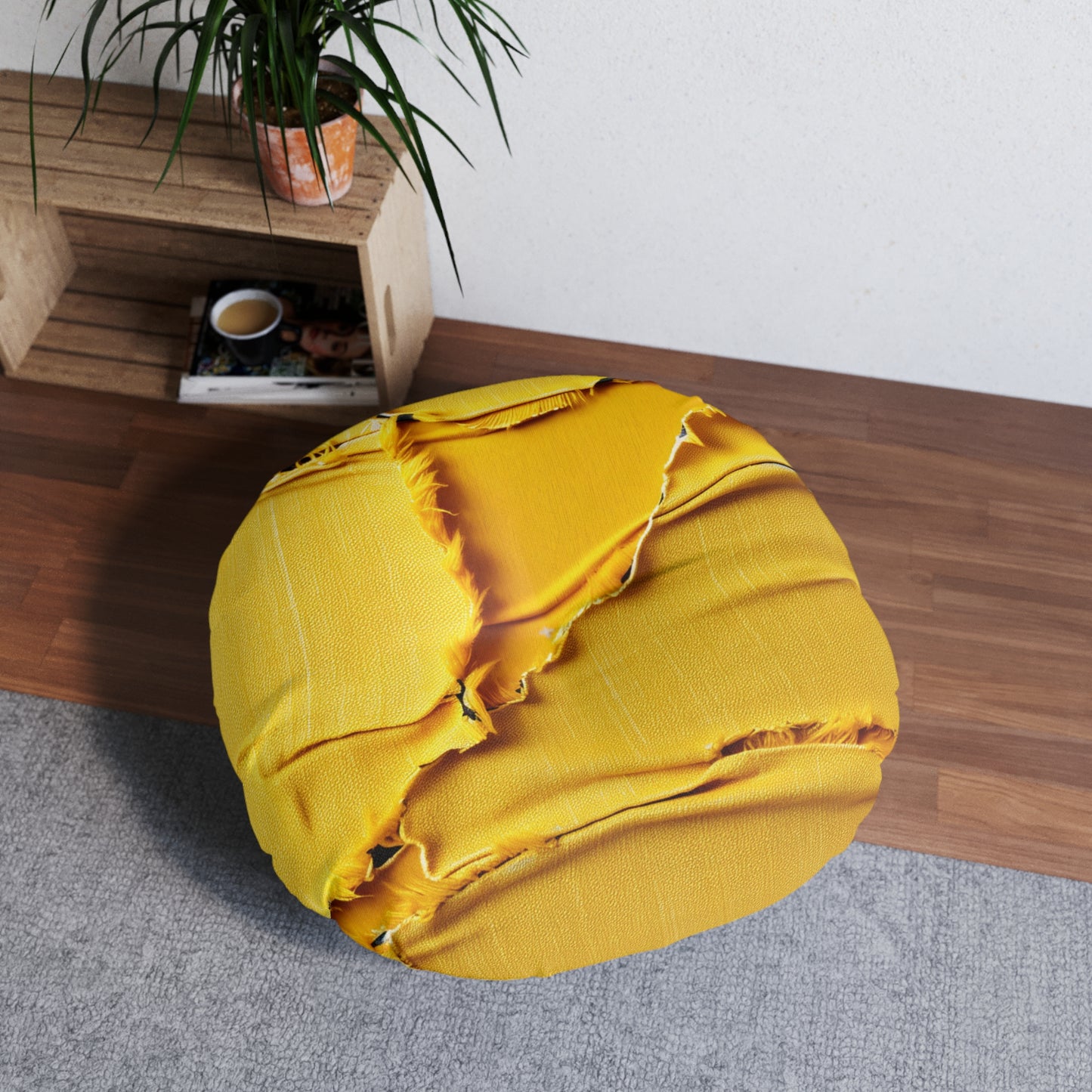 Banana Yellow Lemon: Bold Distressed, Denim-Inspired Fabric - Tufted Floor Pillow, Round