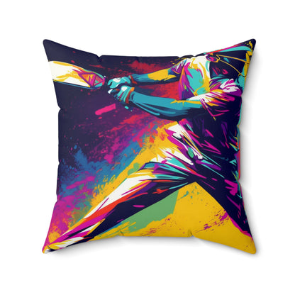 Cricket Pop Art: Batsman, Ball Impact, Wicket Stand Sport Game - Spun Polyester Square Pillow