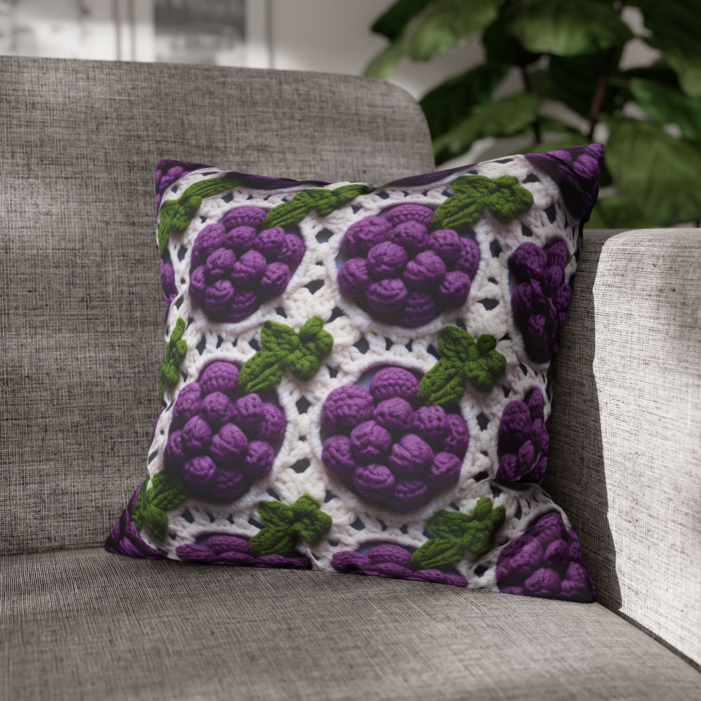 Crochet Grapes Pattern - Granny Square Design - Fresh Fruit Pick - Orchard Purple Snack Food - Spun Polyester Square Pillow Case