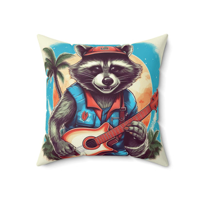 Ukulele Playing Raccoon - Furry Animal Music Island Art Spun Polyester Square Pillow