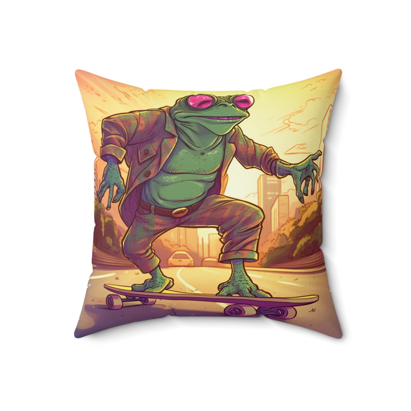 Old School Frog Skateboard Rider Classic Style Amphibian Spun Polyester Square Pillow