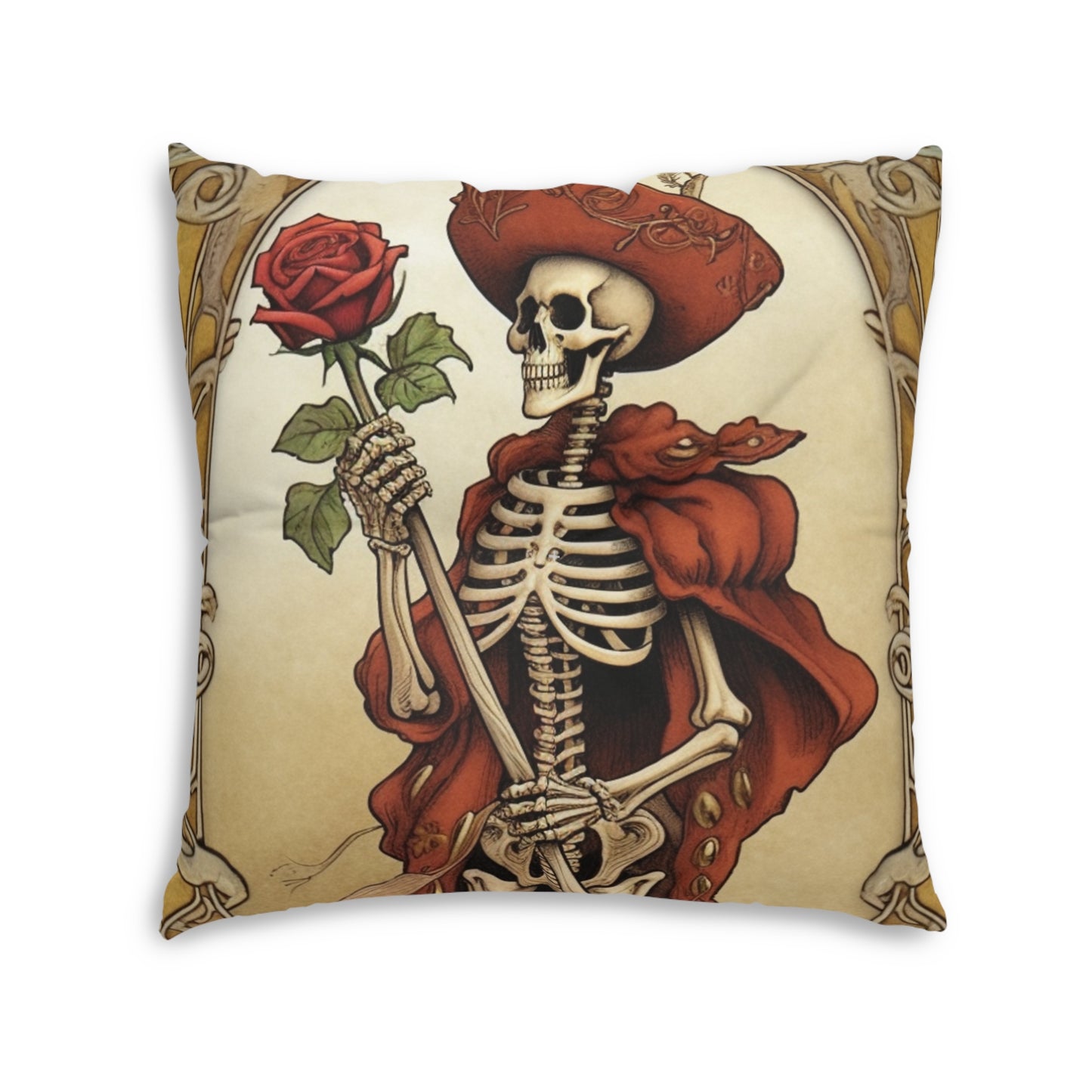 Death Card Tarot - Skeleton, Rose, and Transformation Journey - Tufted Floor Pillow, Square