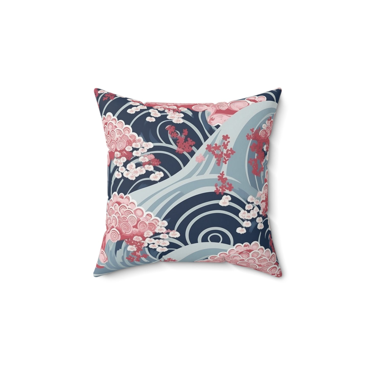 Japanese Minimalist Waves & Cherry Blossoms Pattern Spun Polyester Square Pillow