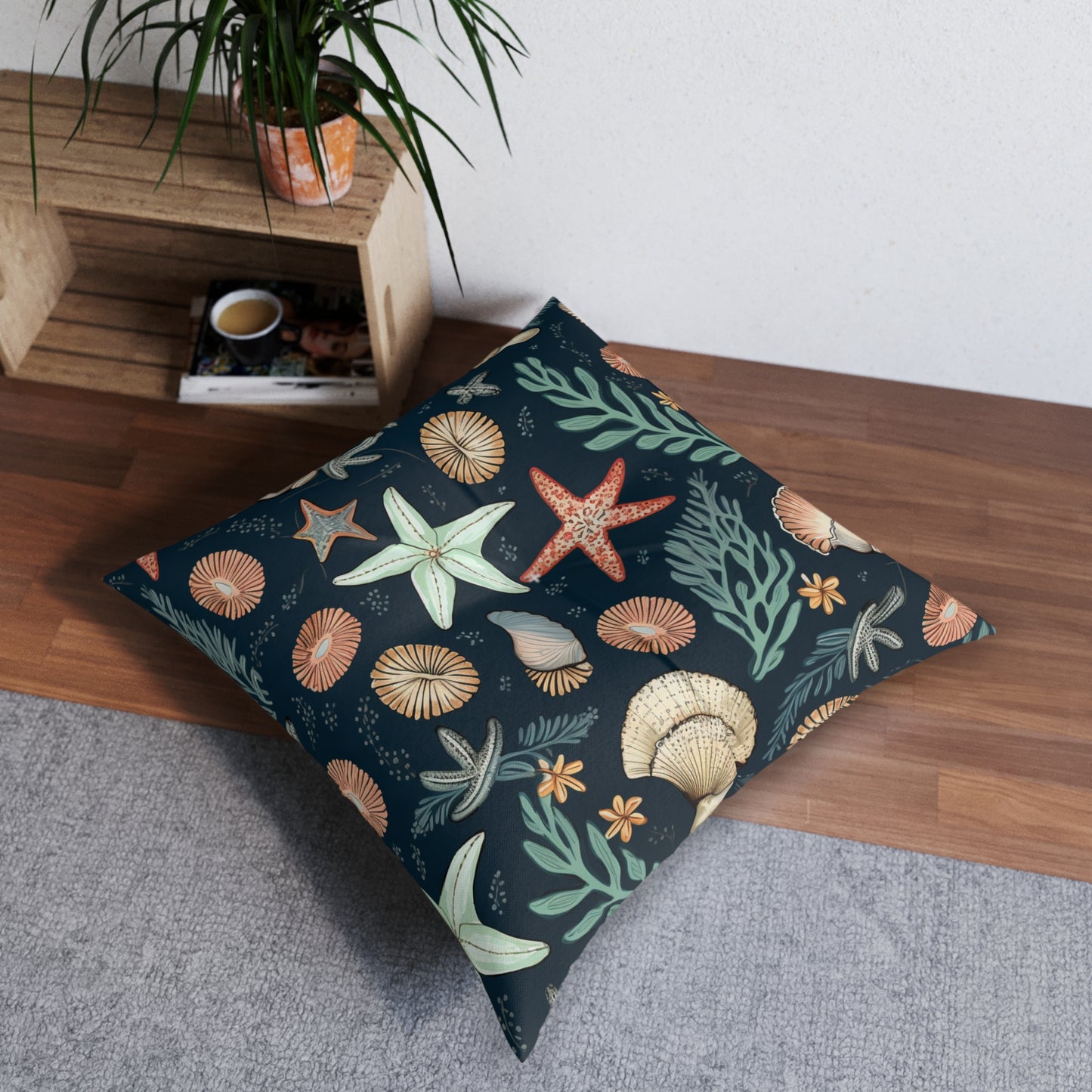 Seashells & Starfish Marine-Inspired Pattern Tufted Floor Pillow, Square