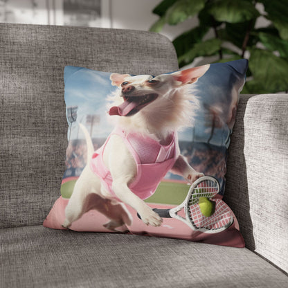 Chihuahua Tennis Ace: Dog Pink Outfit, Court Atheletic Sport Game - Spun Polyester Square Pillow Case