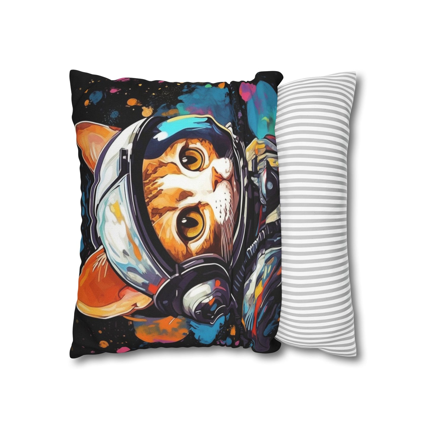 Astro Cat Adventure Feline - Pop Art, Floating in Cosmic Space - Spun Polyester Square Pillow Case