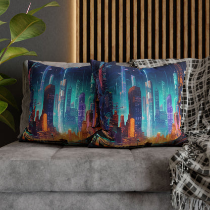 Futuristic Neon Cyberpunk Cityscape Art Design Spun Polyester Square Pillow Case