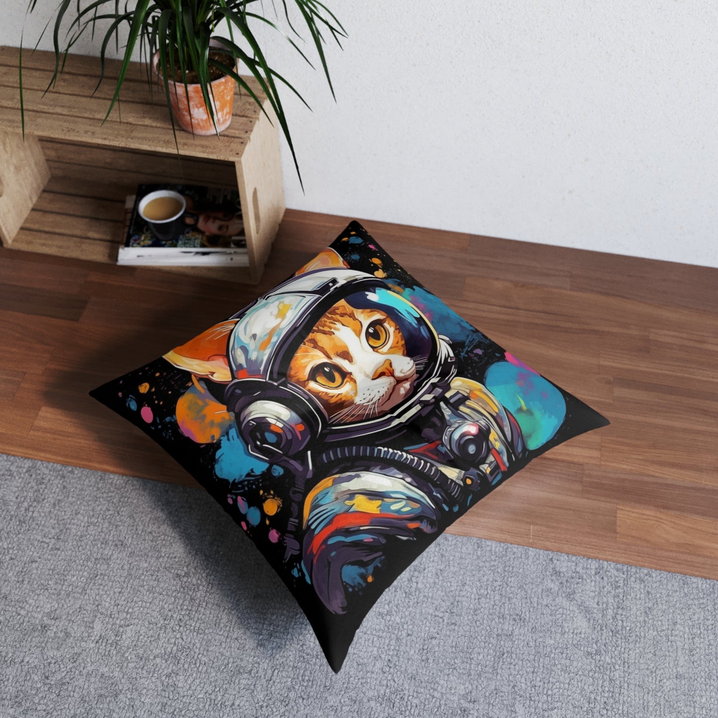 Astro Cat Adventure Feline - Pop Art, Floating in Cosmic Space - Tufted Floor Pillow, Square