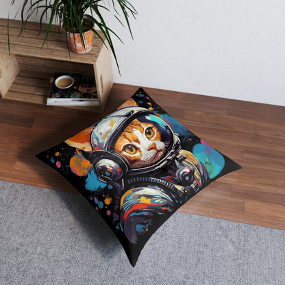 Astro Cat Adventure Feline - Pop Art, Floating in Cosmic Space - Tufted Floor Pillow, Square