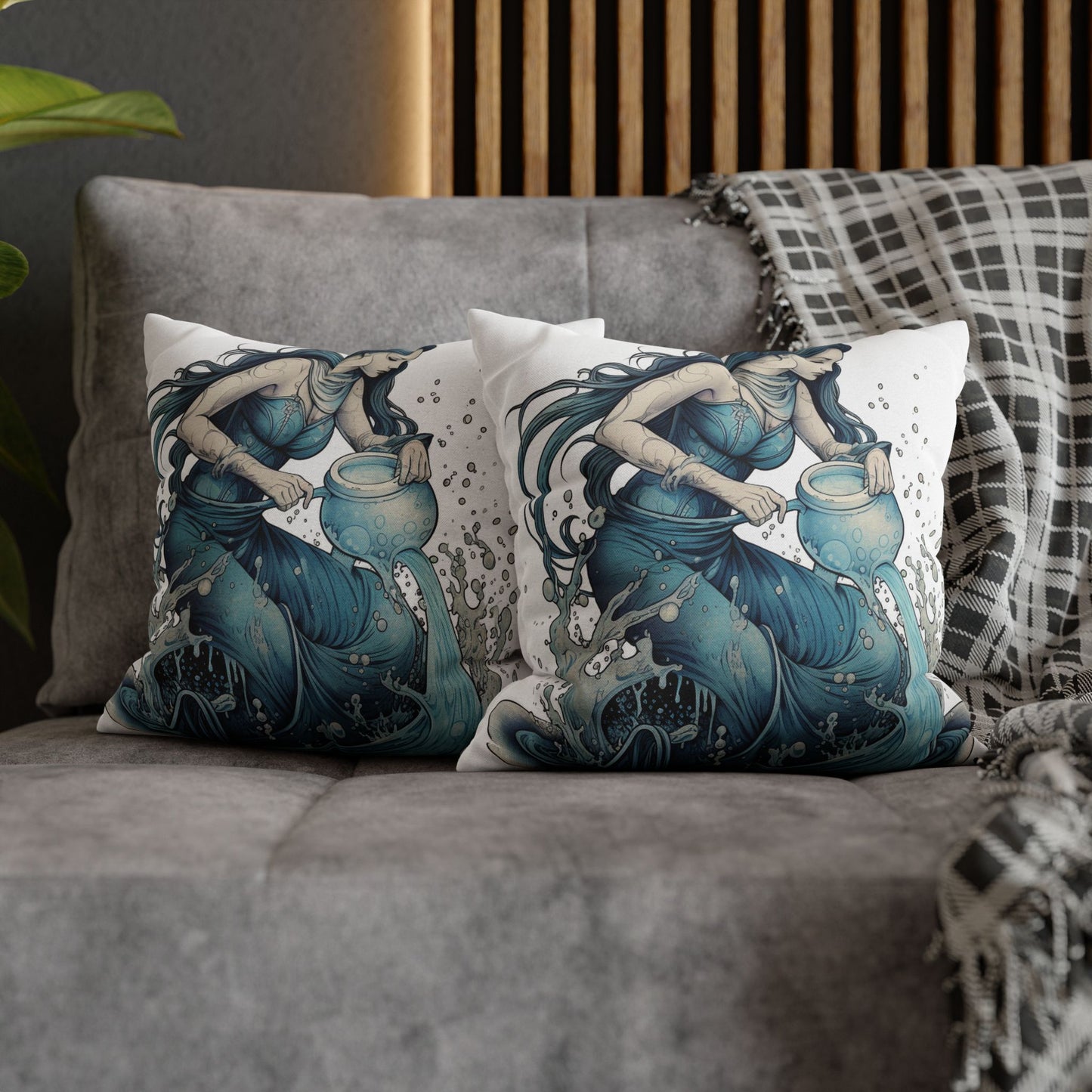 Aquarius Zodiac Symbol - Girl Pouring Water, Hand-Drawn Style - Spun Polyester Square Pillow Case