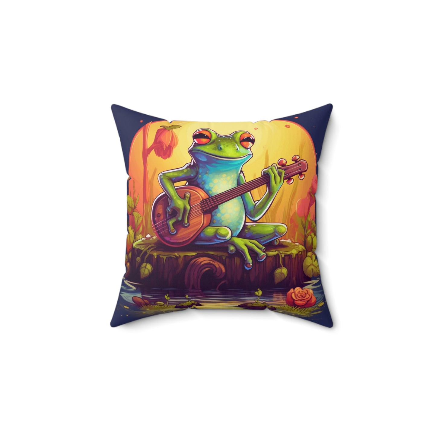 Log Frog Playing Instrument Tune Music Outdoor Swamp Graphic Spun Polyester Square Pillow