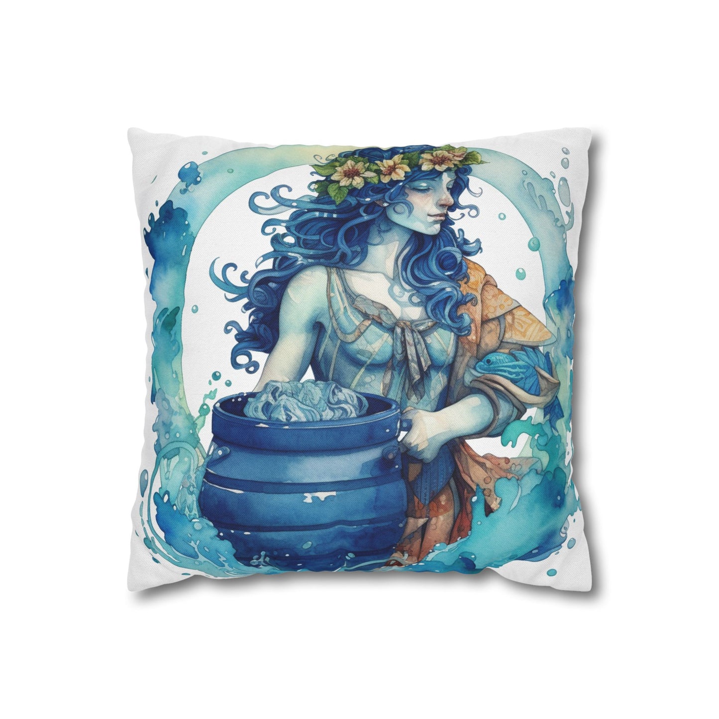 Artistic Aquarius Zodiac - Watercolor Water-Bearer Depiction - Spun Polyester Square Pillow Case