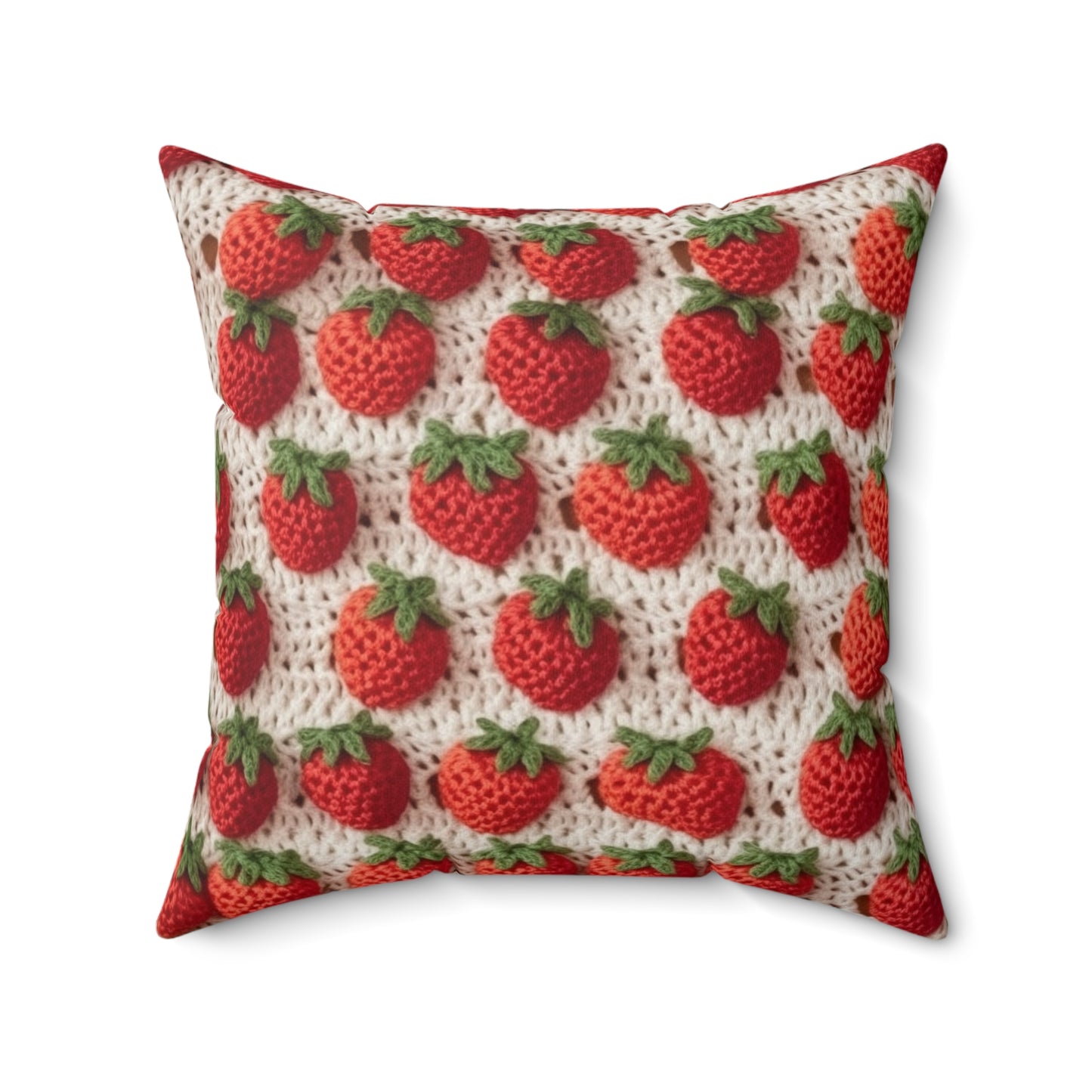 Strawberry Traditional Japanese, Crochet Craft, Fruit Design, Red Berry Pattern - Spun Polyester Square Pillow