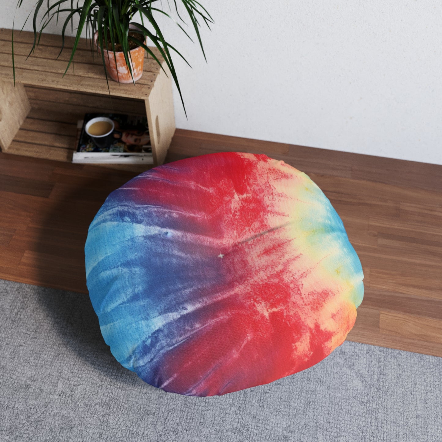 Rainbow Tie-Dye Denim: Vibrant Multi-Color, Fabric Design Spectacle - Tufted Floor Pillow, Round