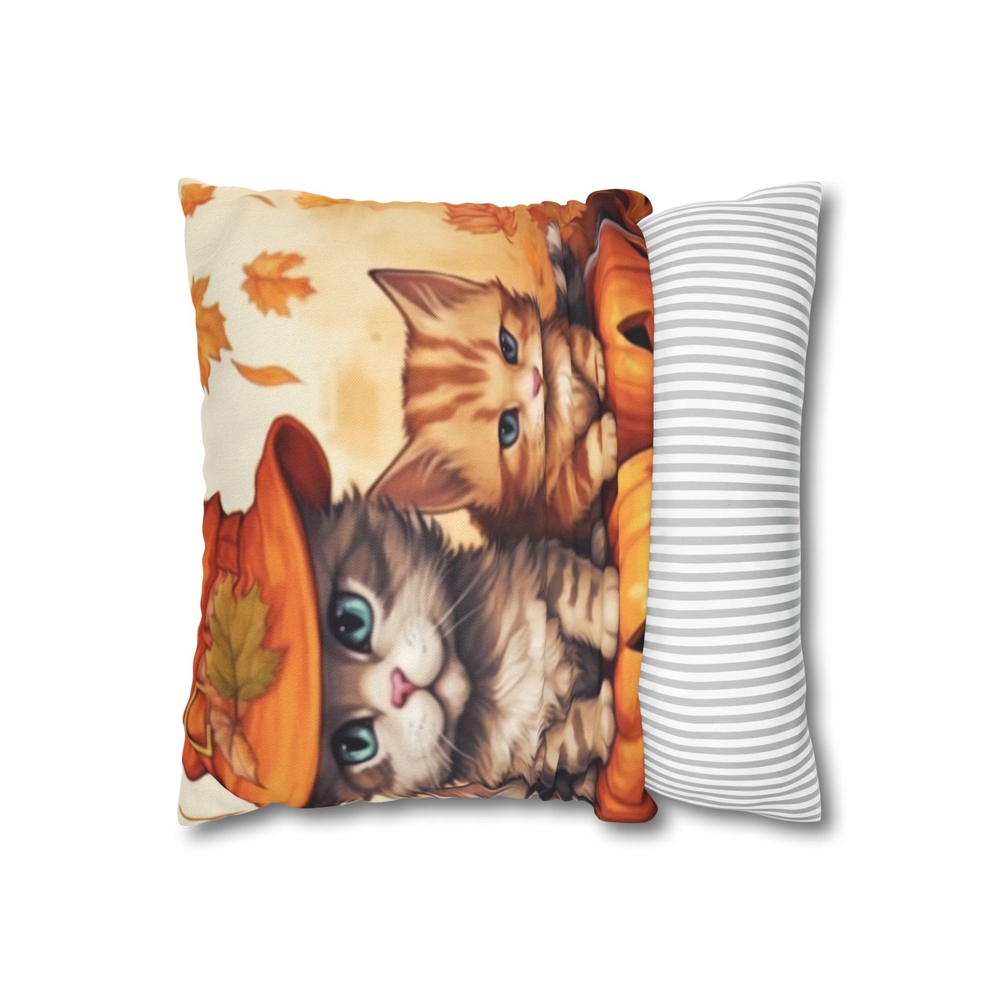 Kitty Cat Kittens Halloween - Cute Furries on Pumpkin - Festive Feline Decor - Spun Polyester Square Pillow Case