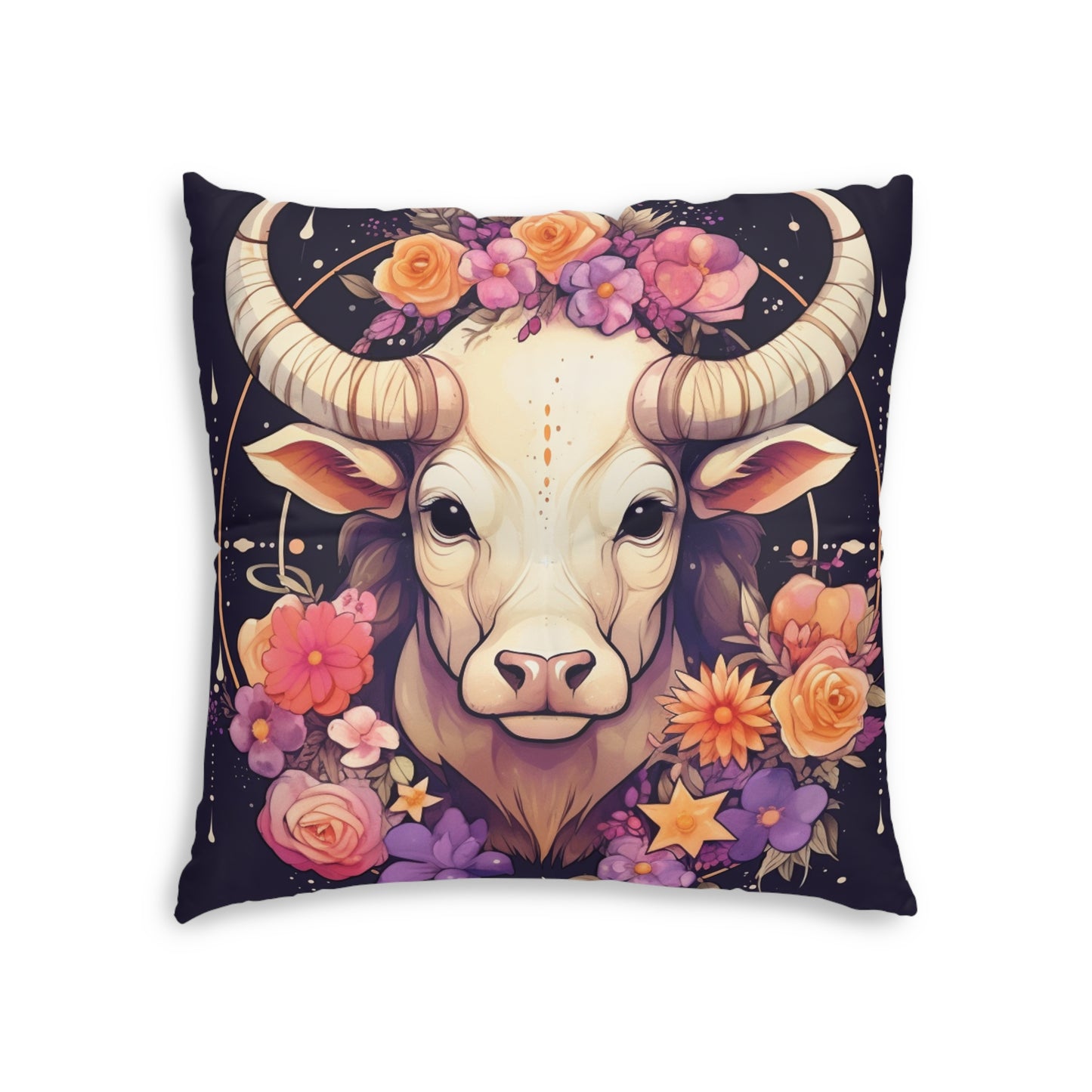 Taurus Zodiac Bull Flower Accents - Astrology Sign - Tufted Floor Pillow, Square