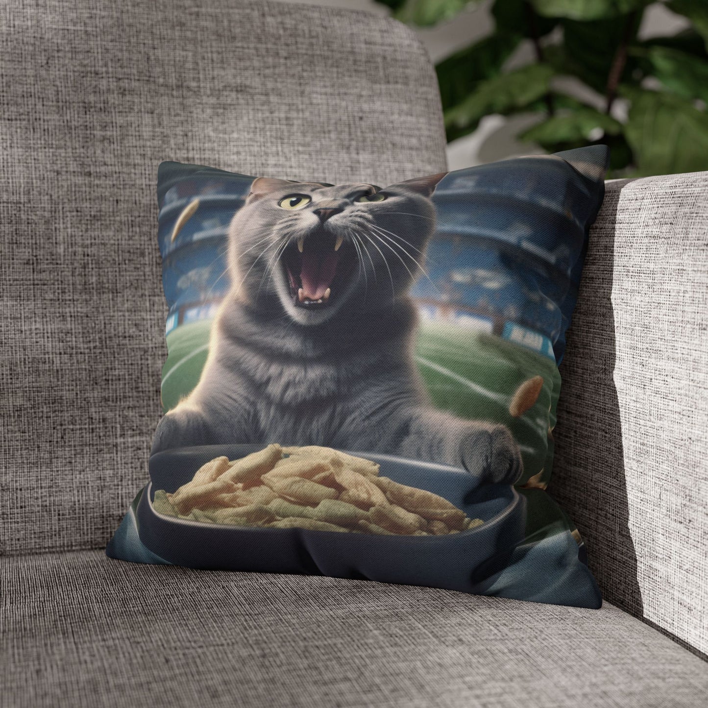 Halftime Football Feline: Screaming Sports Fan Cat Stadium Food Kitten - Spun Polyester Square Pillow Case