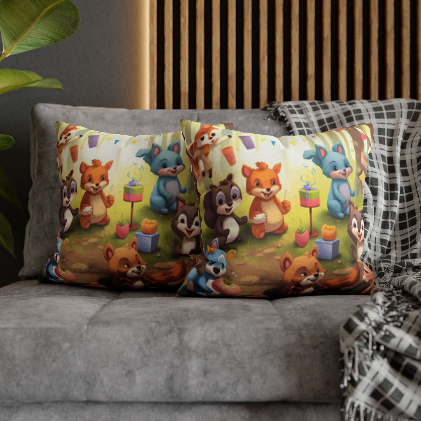 Nursery Art - Cartoon Forest Animals Party Design Spun Polyester Square Pillow Case