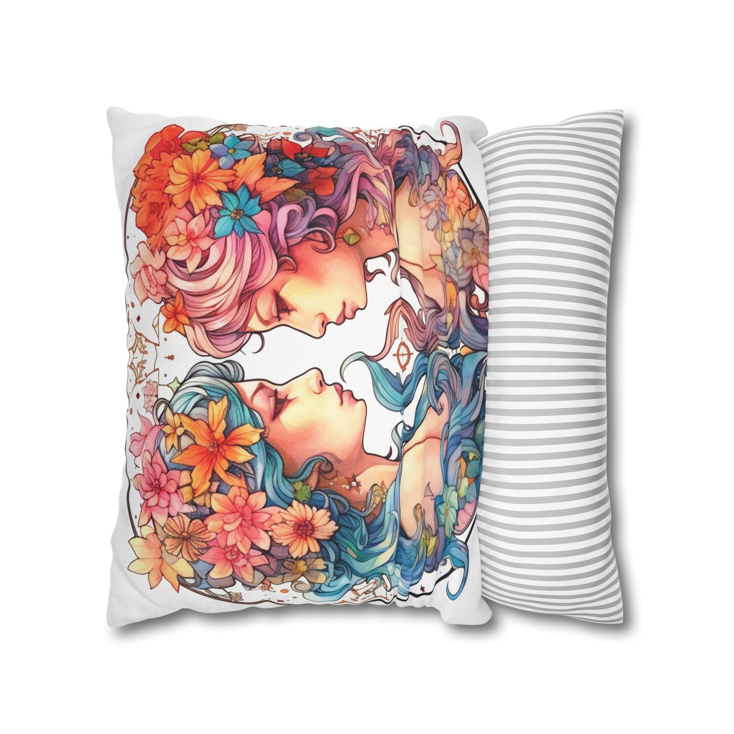 Zodiac Gemini Clipart - Twins Symbol, Whimsical Comic Style - Spun Polyester Square Pillow Case