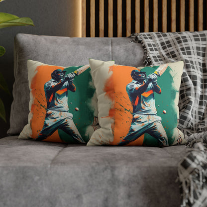 Cricket Batsman, Ball Strike, Indian Flag Color Background - Street Style - Spun Polyester Square Pillow Case